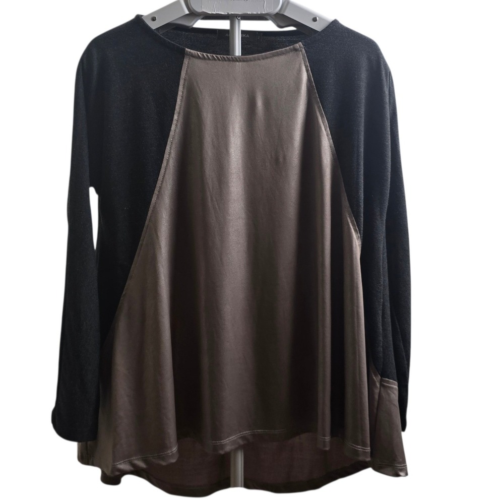 Alembika Mixed Media Tunic Top Size 2/M Charcoal Satin Hem Lagenlook Art to Wear